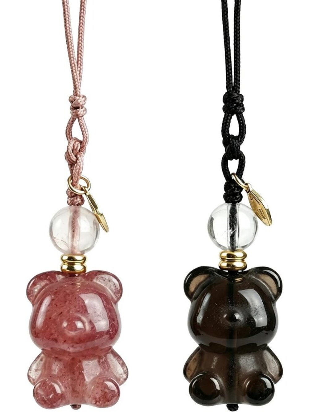 Couple Bear Charm Pendant with Strawberry Smoky Quartz Crystal - Unique Gift